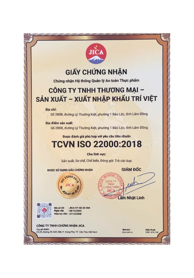 Chứng nhận tiêu chuẩn chất lượng Trà Trí Việt số 1