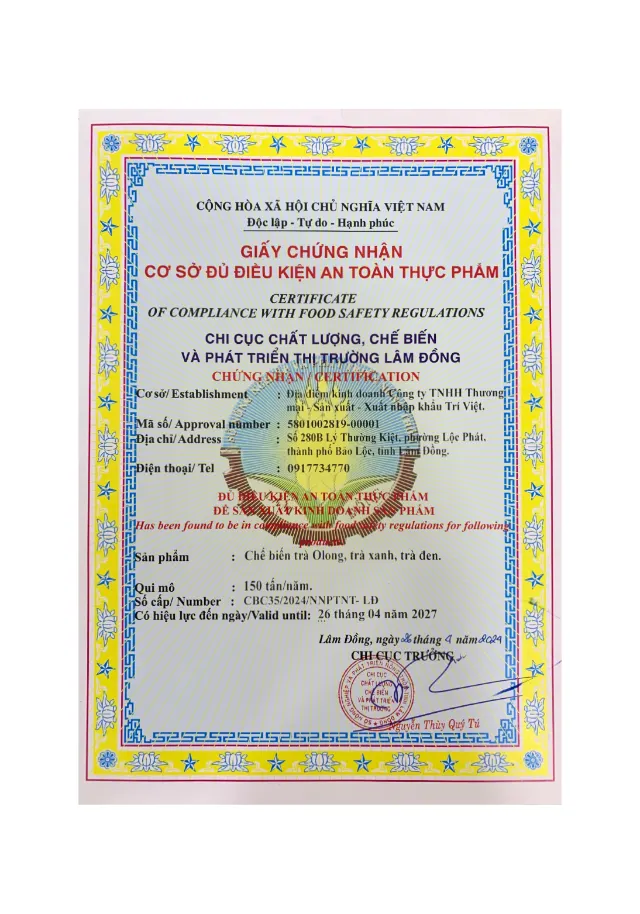 Chứng nhận tiêu chuẩn chất lượng Trà Trí Việt số 6